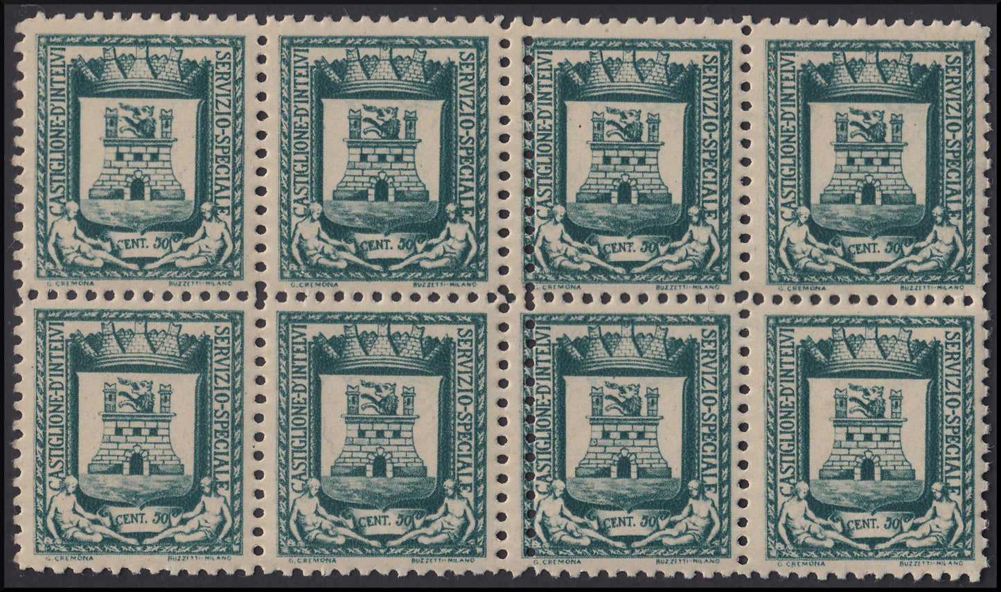 Local Authorities - Castiglione d'Intelvi v. 50 green block of eight copies which includes two horizontal pairs with double perforations in the center ** (14e)