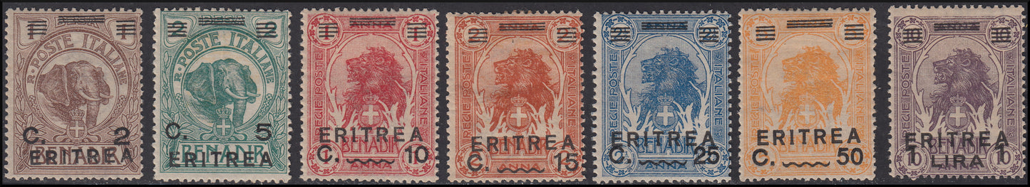 Italian colonies, Lions and Elephants series cpl. overprinted ERITREA and barred * (54/60) 