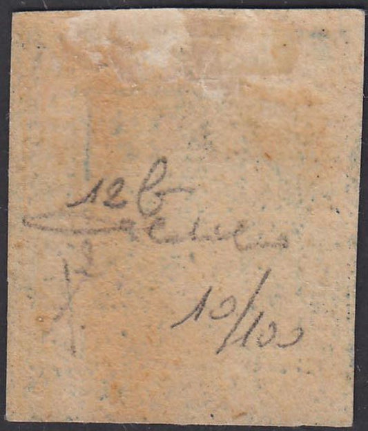 Effigie di Ferdinando II di Borbone, 10 grana indaco carta di Napoli (12b) nuovo con gomma.