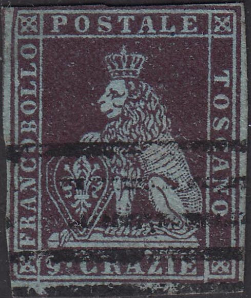 EX16-307 - 1851 - Leone di Marzocco, 9 crazie viola bruno scurissimo su carta azzurra e filigrana corona, usato (8a)