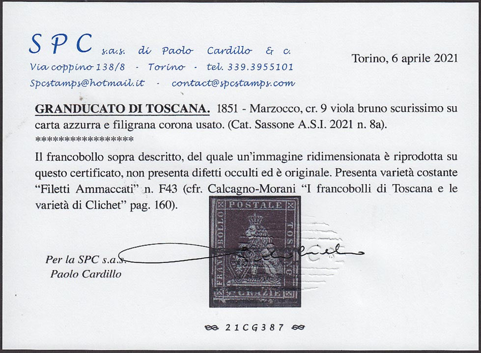 EX16-307 - 1851 - Leone di Marzocco, 9 crazie viola bruno scurissimo su carta azzurra e filigrana corona, usato (8a)