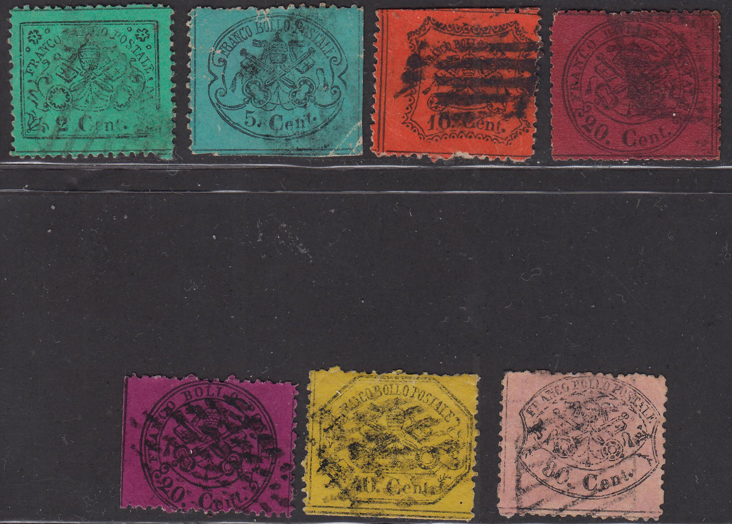 III emissione, serie dei sette valori nei colori tipo esclusi i francobolli da c. 3, usati e in qualità mista.