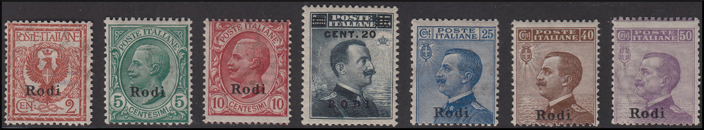 Colonie Italiane, Egeo, francobolli d'Italia soprastampati Rodi, prima serie sette valori * (1/7)