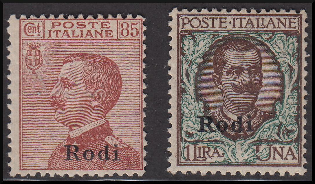 Colonie Italiane, Egeo, francobolli d'Italia soprastampati Rodi * (13, 14)
