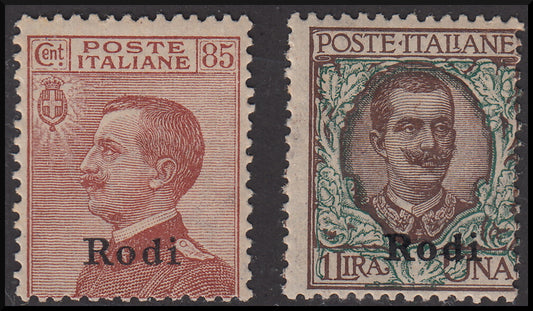 Colonie Italiane, Egeo, francobolli d'Italia soprastampati Rodi ** (13, 14)