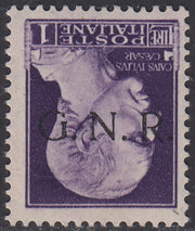 1944 - GNR Verona L. 1 violet with reversed black overprint, new with intact gum (479a).