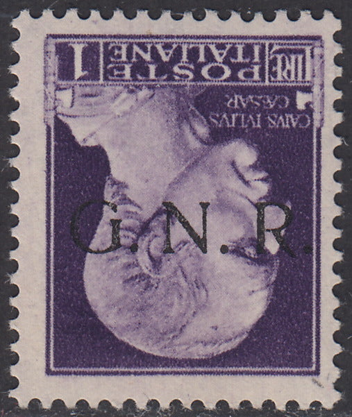 1944 - GNR Verona L. 1 violet with reversed black overprint, new with intact gum (479a).