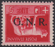 1944 - GNR Verona L. 5,00 rosso con soprastampa nera capovolta, nuovo con gomma integra (485a).