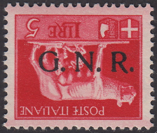 1944 - GNR Verona L. 5.00 red with reversed black overprint, new with intact gum (485a).