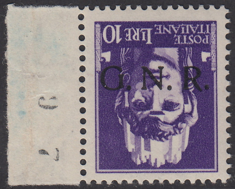 1944 - GNR Verona L. 10,00 violetto con soprastampa nera capovolta, nuovo con gomma integra (486a)