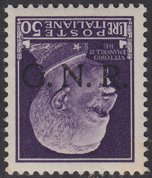 1944 - GNR Verona L. 50 violet with reversed black overprint, new with intact gum (489a). Gorgeous and very rare.