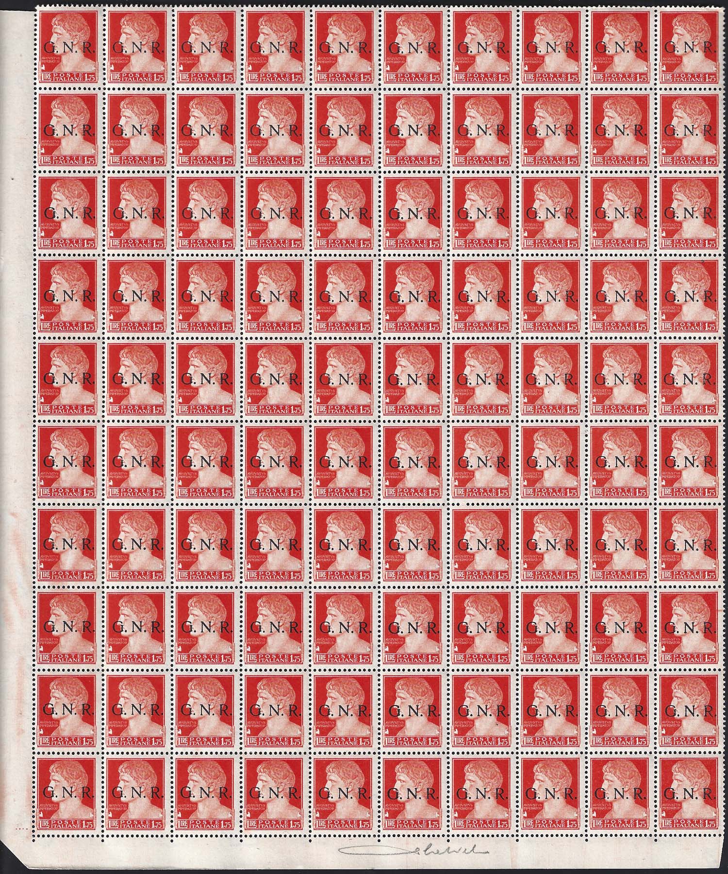 1944 - GNR Verona L. 1,75 arancio foglio completo di 100 esemplari nuovo con piena gomma integra. (481).