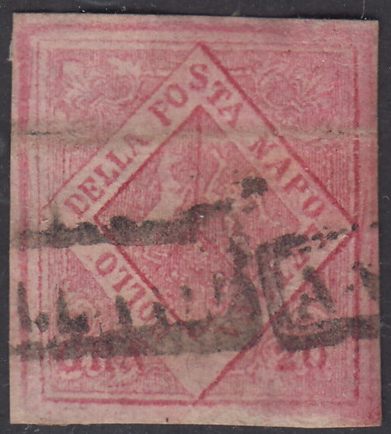 1858 - 20 grana carminio falso per frodare la posta del II tipo, usato con consueta piega d'archivio (F9)
