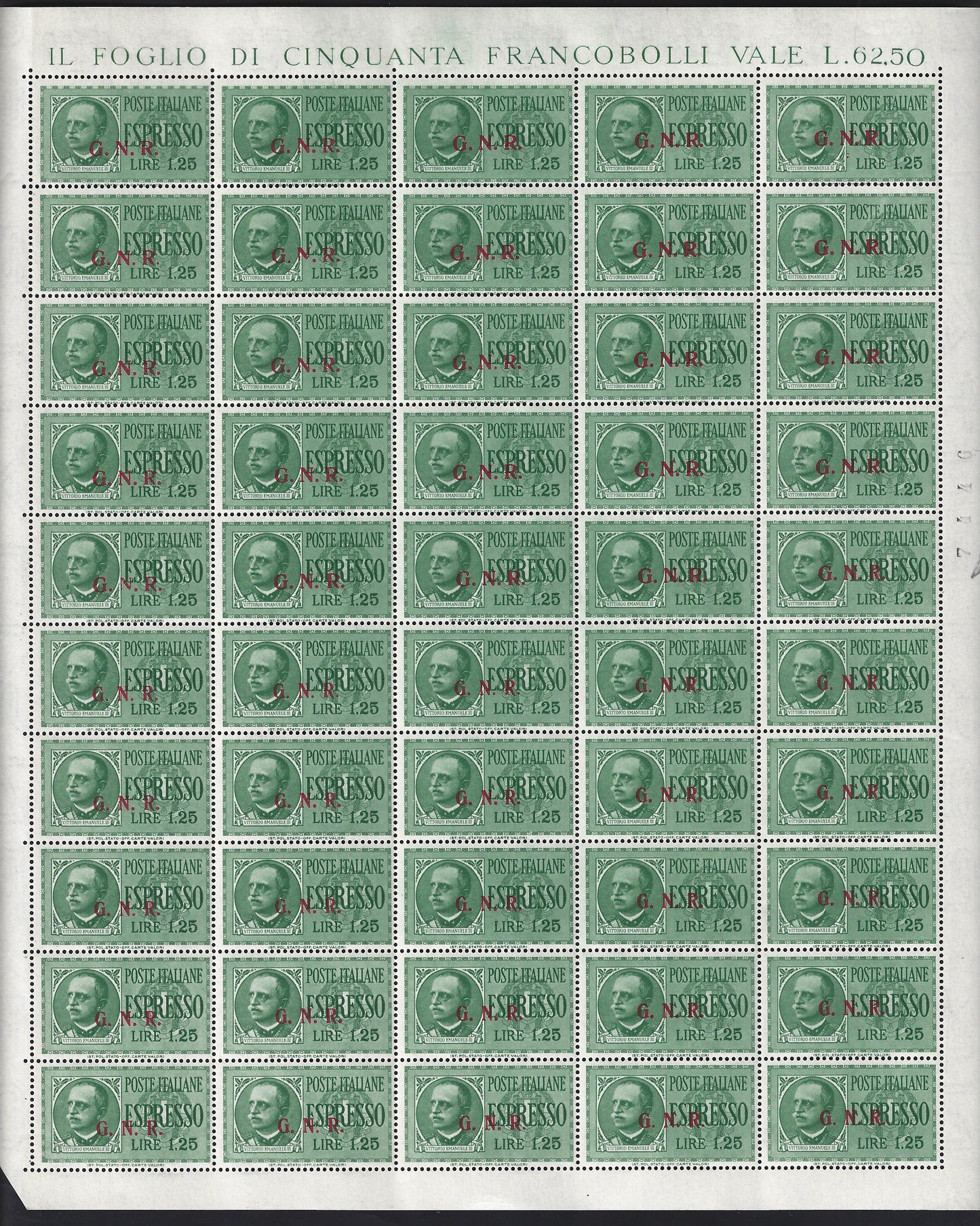 1944 - GNR Brescia Espresso of L. 1.25 complete sheet of 50 copies, new with full gum intact. (19/II).