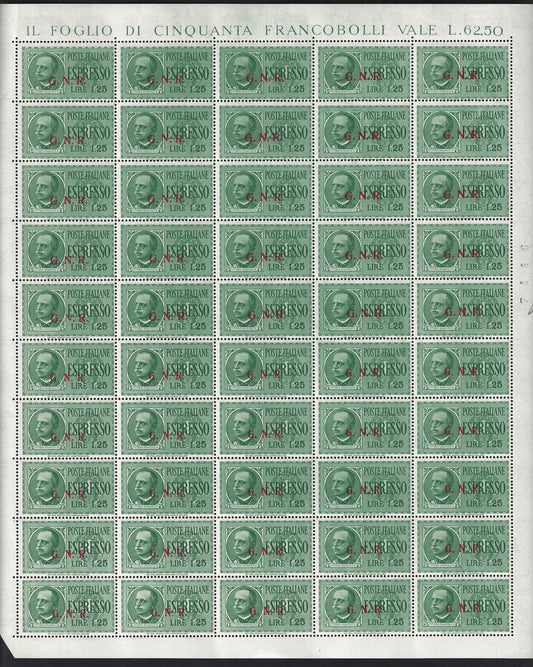 1944 - GNR Brescia Espresso of L. 1.25 complete sheet of 50 copies, new with full gum intact. (19/II).