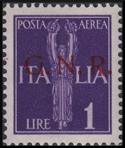 1944 - Posta Arerea errore di colore della soprastampa, L. 1 violetto soprastampa rossa, nuovo con gomma integra. (121A)