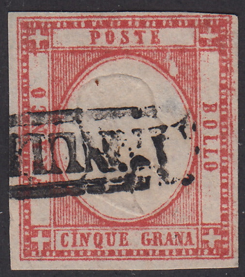 1861 - 5 grana rosso carminio usato con annullo in cartella "ANNULLATO"