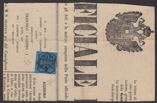 1853 - Franqueo adeudado para periódicos c. 9 azul oscuro sobre un gran fragmento, espléndido ejemplo, uno de los más bellos que se conocen sobre un soporte. (2) 