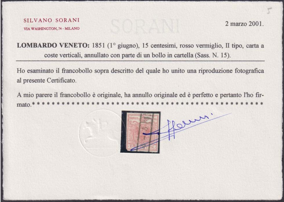 1850 - Lombardo Veneto I emissione, c. 15 rosa II tipo carta a coste verticali usato  (15)