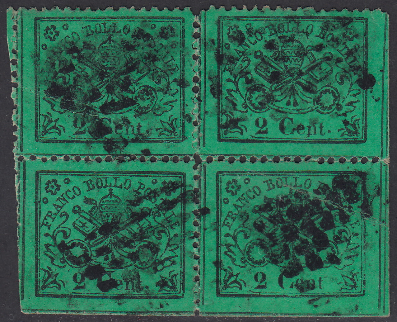 1868 - III issue c. 2 light green block of four specimens, one with varieties (22, 22c)