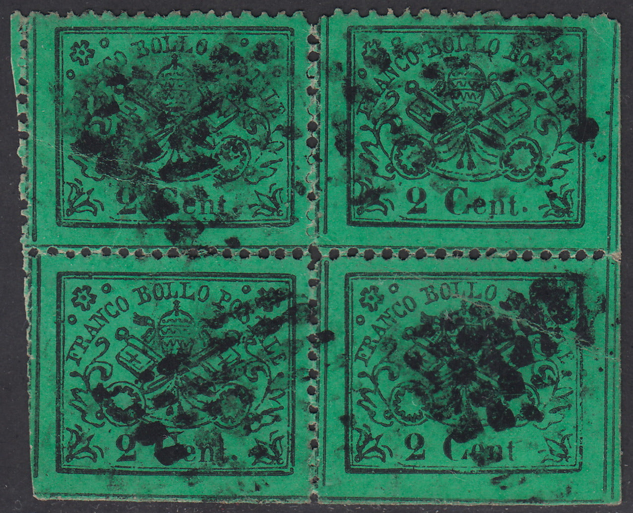 1868 - III emissione c. 2 verde chiaro blocco di quattro esemplari di cui uno con varietà (22, 22c)