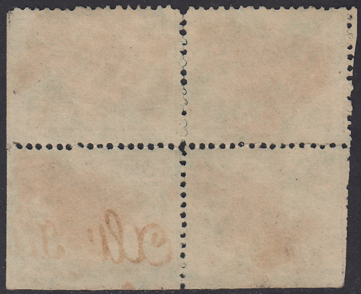 1868 - III issue c. 2 light green block of four specimens, one with varieties (22, 22c)