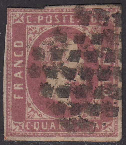 1851 - Effigy of Vittorio Emanuele II facing right, 1st issue c. 40 pink lilac (3c) used with diamond mute