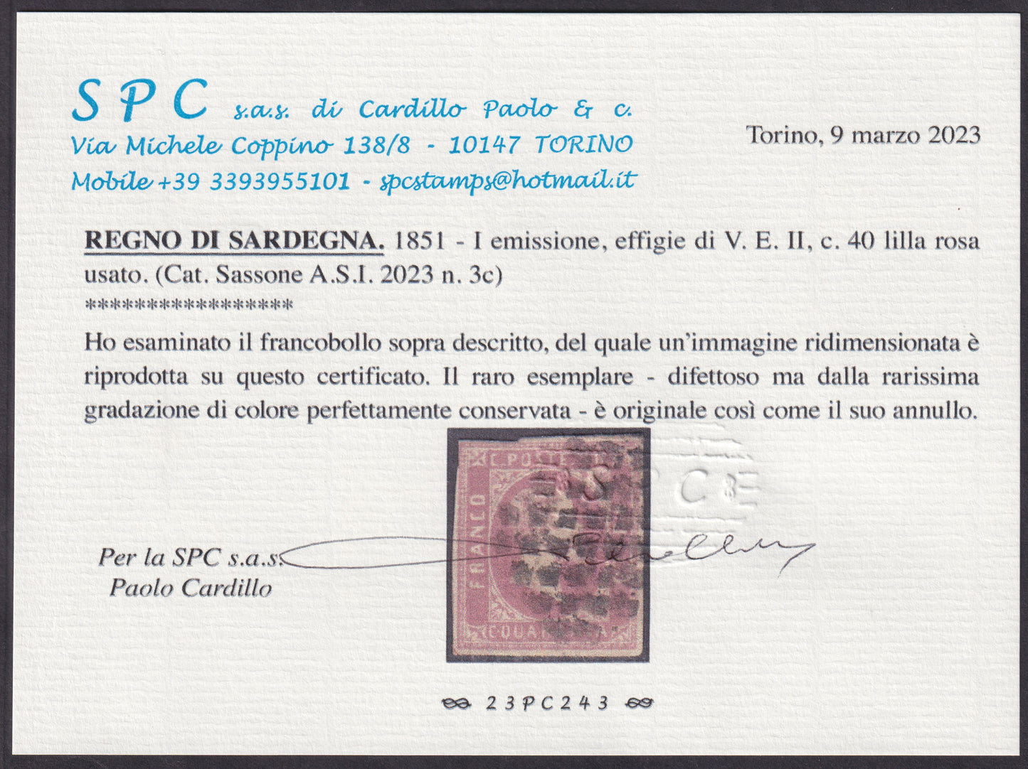 1851 - Effigie di Vittorio Emanuele II volta a destra, I emissione c. 40 lilla rosa (3c) usato con muto a rombi