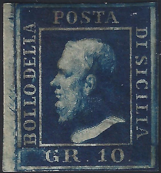 1859 - 10 grana indaco carta di Napoli ritocco n. 21 nuovo con piena gomma originale. (12b) Ritocco 21