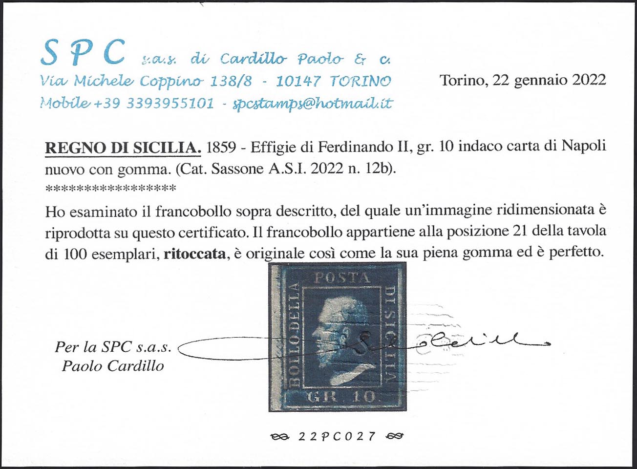 1859 - 10 grain indigo Naples retouch paper n. 21 new with full original rubber. (12b) Retouch 21