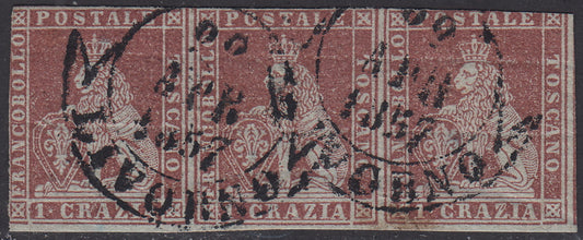 PV2061 - 1851 - 1 crazia bruno carminio lillaceo su carta grigia e filigrana corona striscia di 3 esemplari usata (4f)