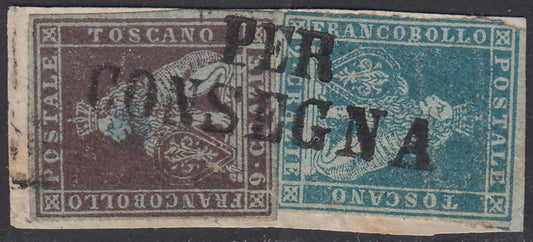 1851 - Frammentino di assicurata affrancato con 2 crazie azzurro vivo + 9 crazie bruno violaceo, entrambi su carta azzurra e filigrana corona, usati con annullo PER CONSEGNA (5b + 8b)