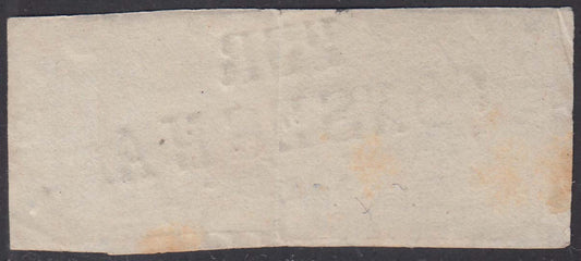 1851 - Frammentino di assicurata affrancato con 2 crazie azzurro vivo + 9 crazie bruno violaceo, entrambi su carta azzurra e filigrana corona, usati con annullo PER CONSEGNA (5b + 8b)