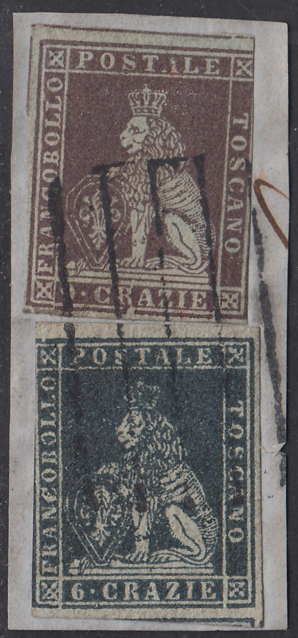 1851 - Frammentino affrancato con 6 crazie grigio scuro + 9 crazie bruno violaceo entrambi su carta grigia o grigio-azzurrata, usati con un muto a cinque sbarre. (7f + 8).