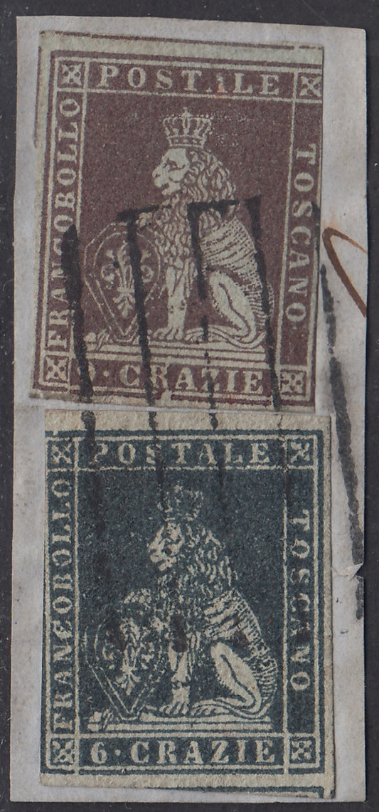 PV2093 - 1851 - Frammentino affrancato con 6 crazie grigio scuro + 9 crazie bruno violaceo entrambi su carta grigia o grigio-azzurrata, usati con un muto a cinque sbarre. (7f + 8).
