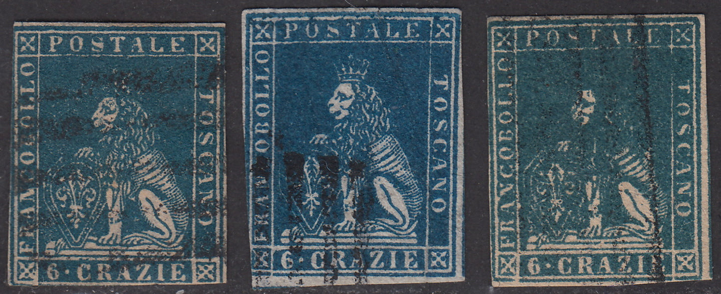1857 - 6 crazie azzurro, azzurro vivo e azzurro cupo tutti su carta bianca e filigrana linee ondulate, usati, qualità mista. (15, 15a, 15b)