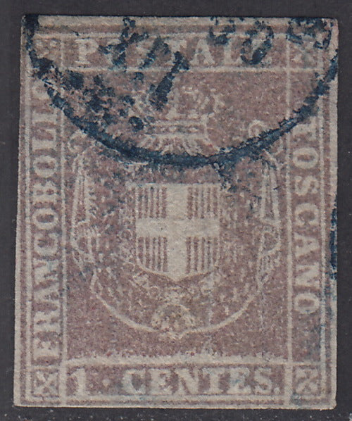 1860 - Scudo di Savoia sormontato da Corona Reale, c. 1 lilla usato. (17a)