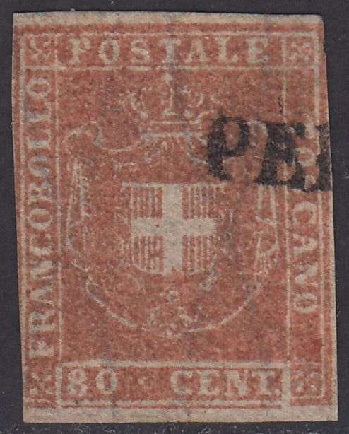 1860 - Scudo di Savoia sormontato da Corona Reale, c. 80 bistro carnicino usato. (22a)