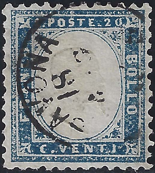 1862 - Effigie di Vittorio Emanuele II volta a destra, c. 20 azzurro chiaro traforato a pettine, usato (2e)