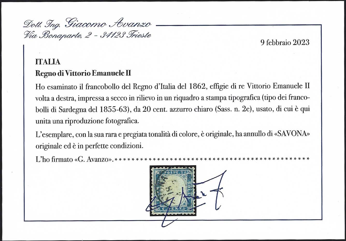 1862 - Effigie di Vittorio Emanuele II volta a destra, c. 20 azzurro chiaro traforato a pettine, usato (2e)