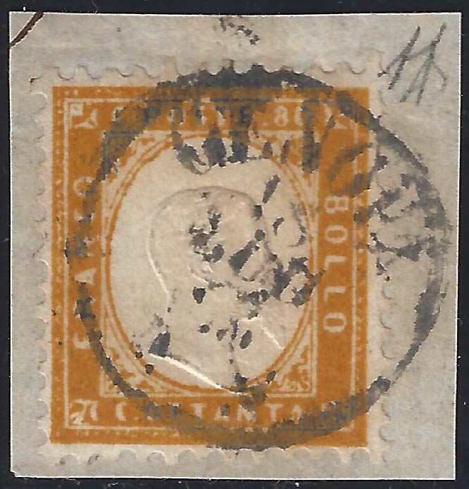 1862 - Effigie di Vittorio Emanuele II volta a destra, c. 80 giallo arancio scuro traforato a pettine, usato (4b)