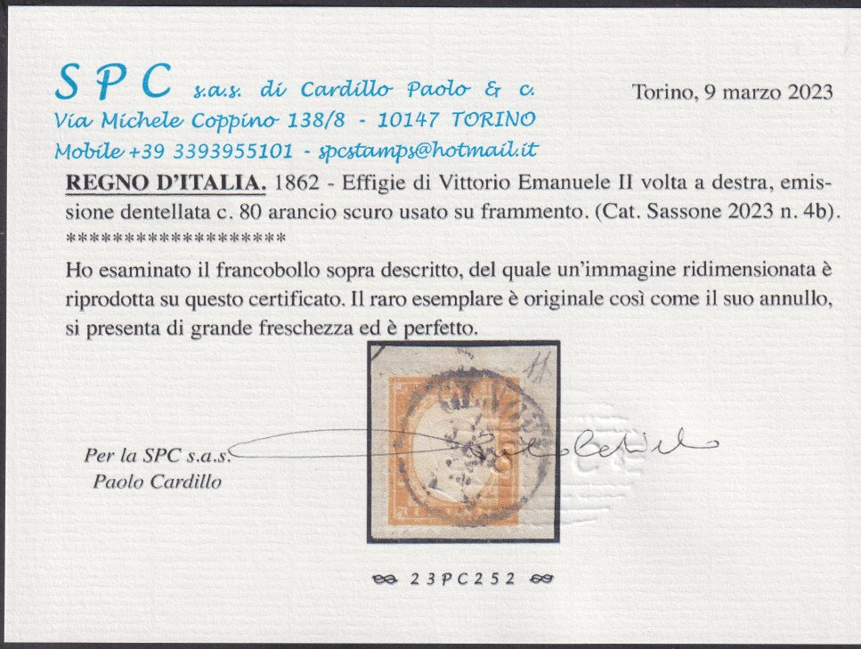 1862 - Effigie di Vittorio Emanuele II volta a destra, c. 80 giallo arancio scuro traforato a pettine, usato (4b)