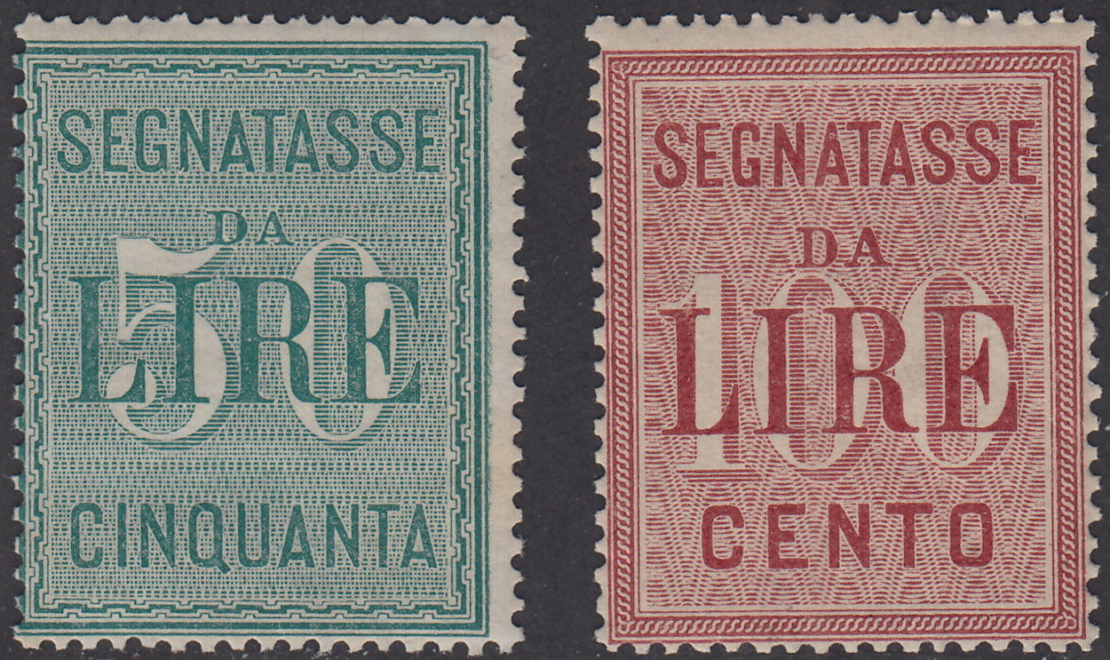 1884 - Segnatasse con cifre in bianco e diciture incolore su fondo decorato, L. 50 verde + L. 100 rosa carminio esemplari di discreta centratura e gomma originale integra (15/16). Non comuni.