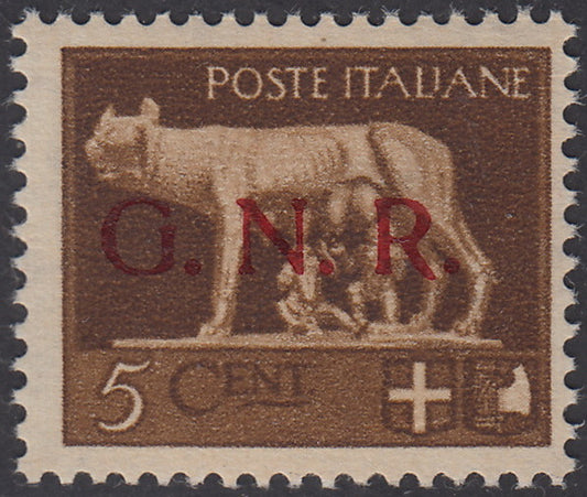 1944 - Overprint color errors c. 5 brown with red overprint, new with intact rubber. (470A).