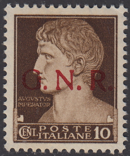 1944 - 1944 - Overprint color errors c. 10 brown with red overprint, new with intact rubber. (471A).