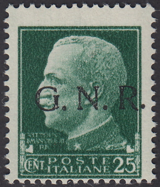 1944 - Errori di colore della Soprastampa c. 25 verde con soprastampa nera nuovo con gomma integra. (474A).