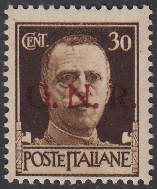 1944 - Overprint color errors c. 30 brown with red overprint, new with intact rubber. (475A).