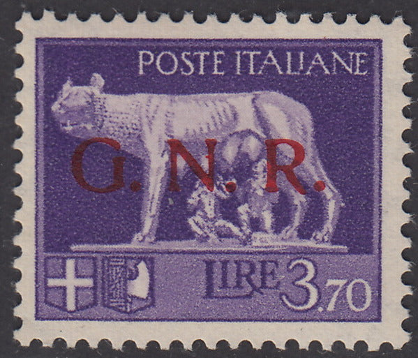 1944 - Color errors in the Overprint L. 3.70 violet with red overprint, new with intact gum. (484A)