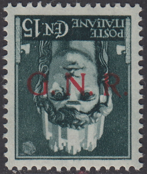 1944 - GNR Verona c. 15 gray green with upside down red overprint, new with intact gum (472a).