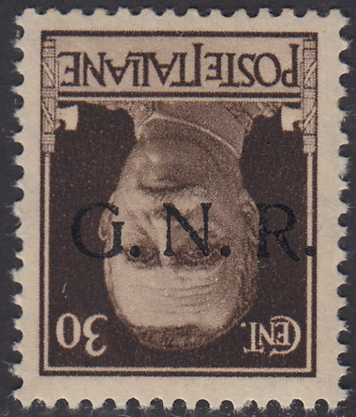 1944 - GNR Verona c. 30 brown with black overprint upside down, new with intact gum (475a).